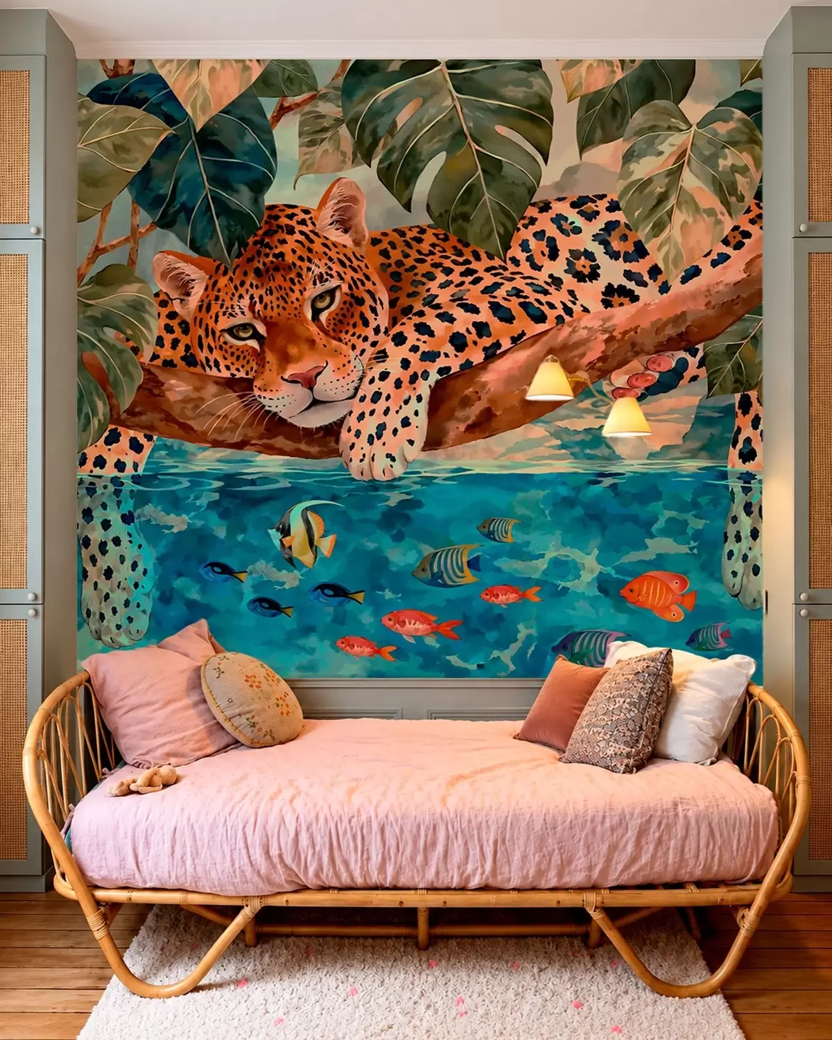 murais de parede Leopardo entre folhas tropicais acima da água, com peixes w05954v1