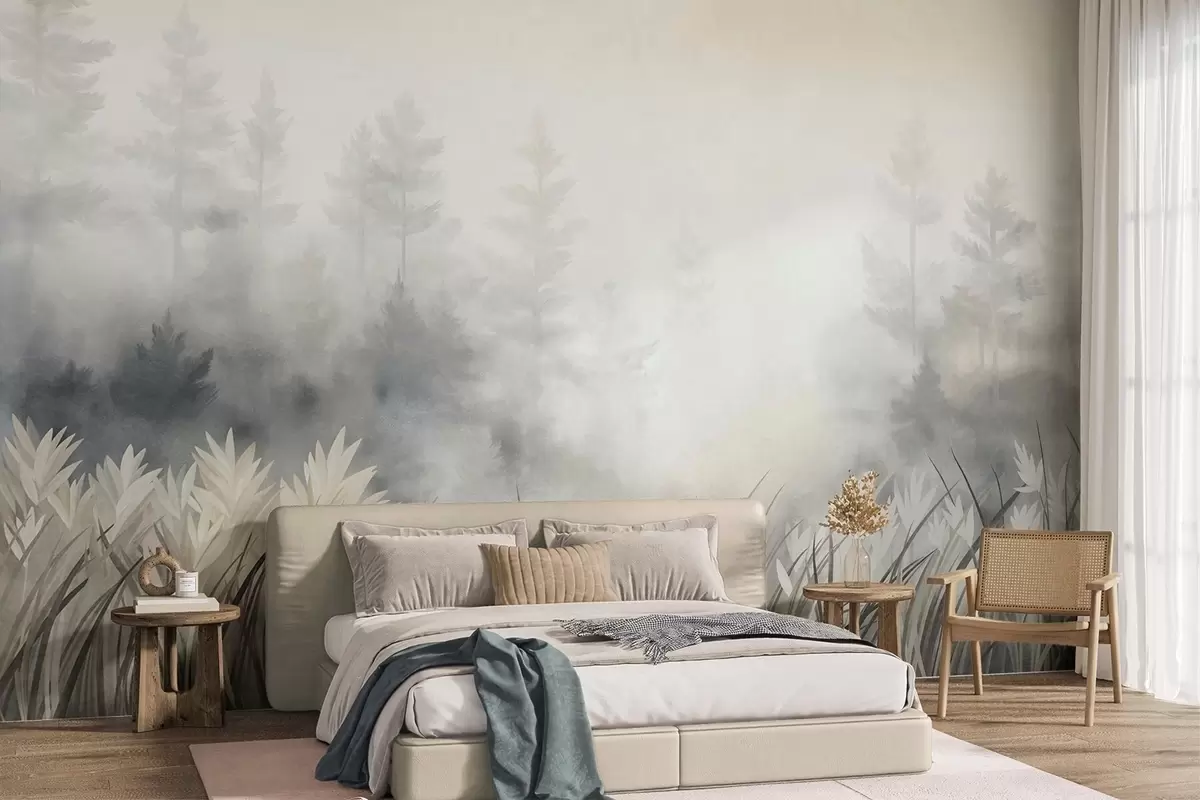 murais de parede Paisagem com erva alta selvagem e um bosque de pinheiros, num estilo minimalista e texturado w10082