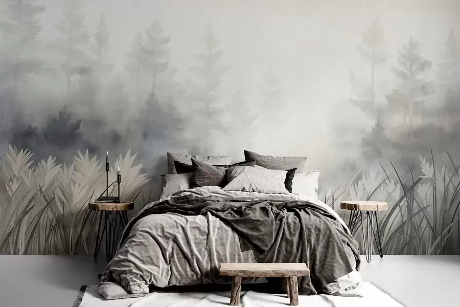 murais de parede Paisagem com erva alta selvagem e um bosque de pinheiros, num estilo minimalista e texturado w10082
