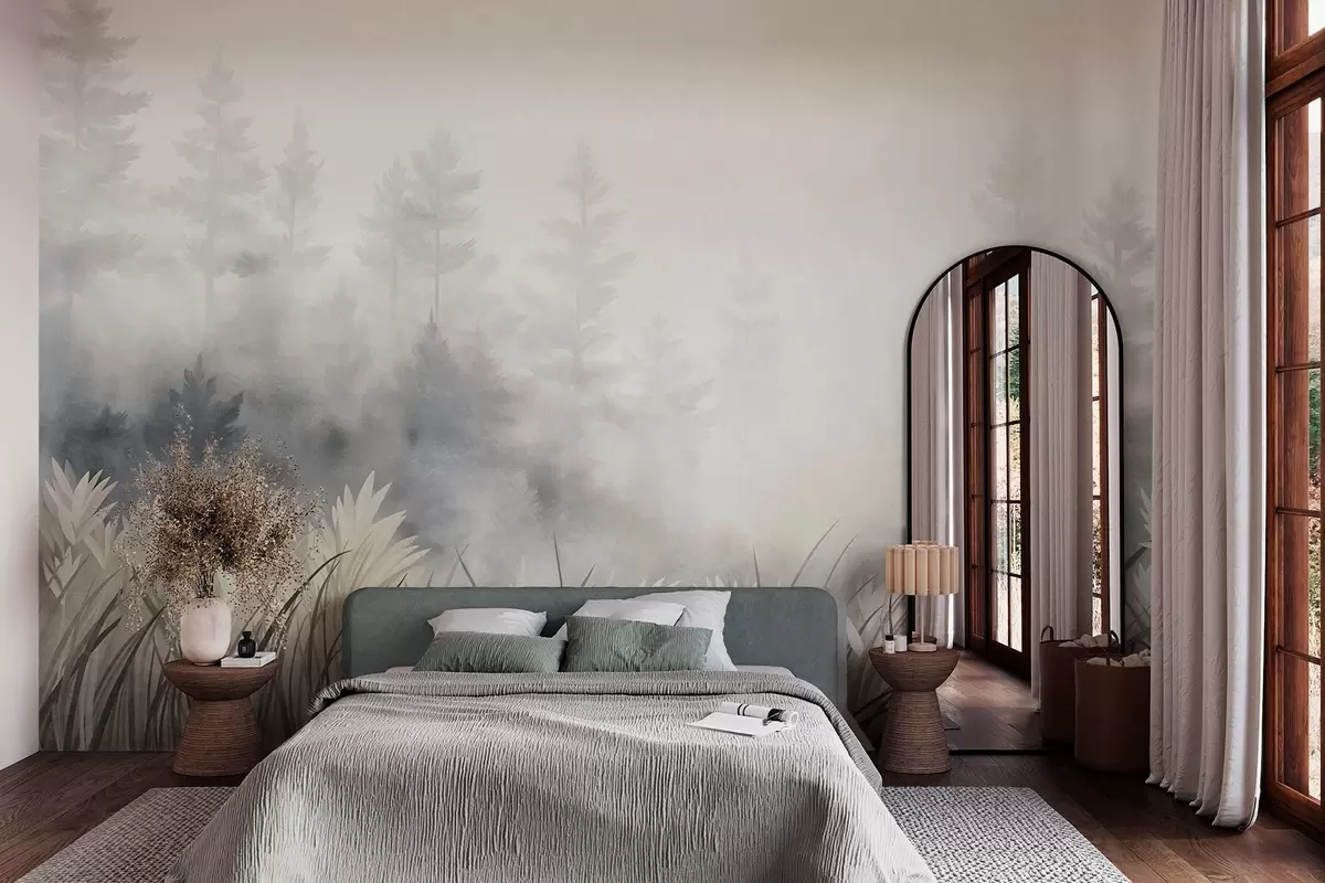 murais de parede Paisagem com erva alta selvagem e um bosque de pinheiros, num estilo minimalista e texturado w10082
