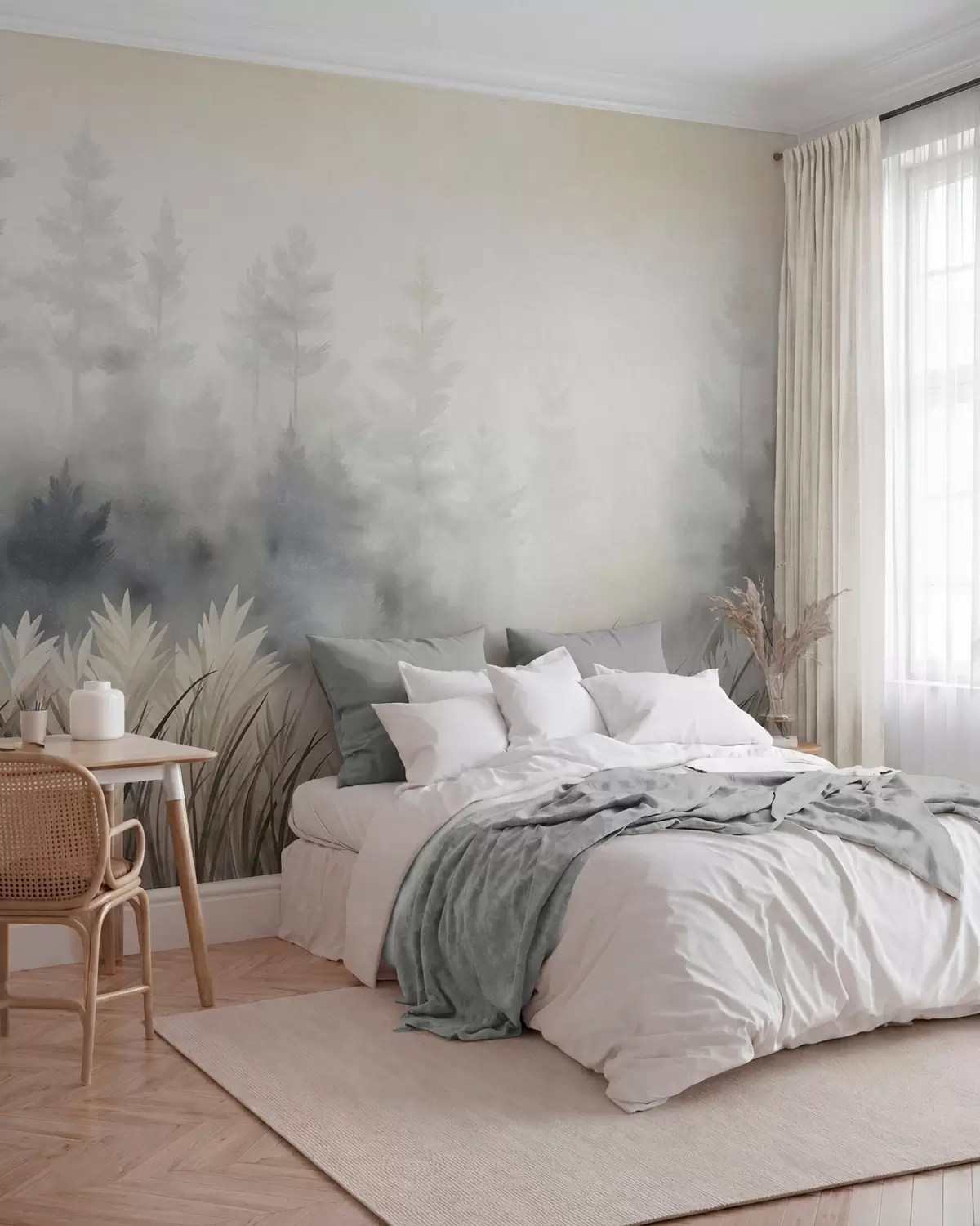 murais de parede Paisagem com erva alta selvagem e um bosque de pinheiros, num estilo minimalista e texturado w10082