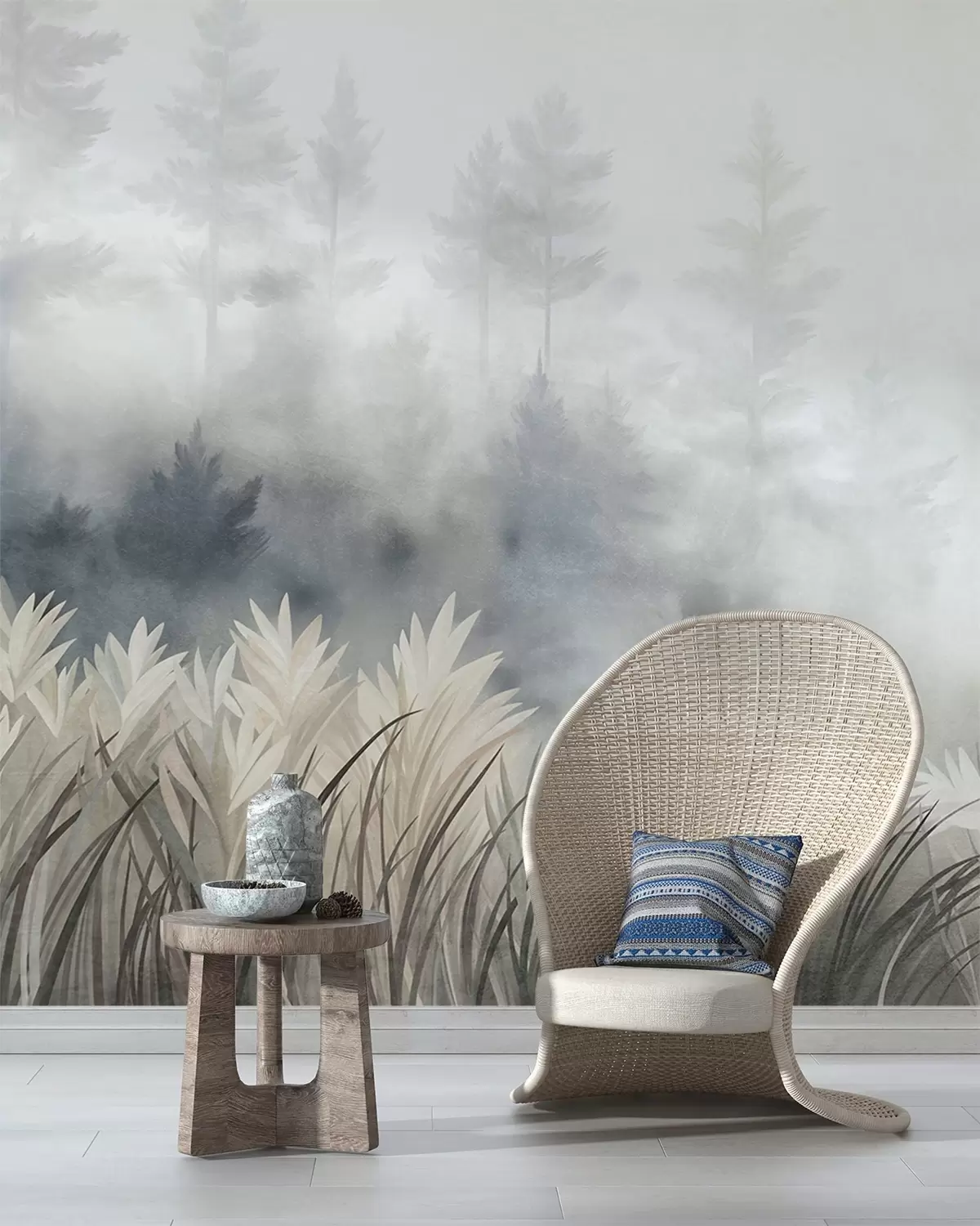 murais de parede Paisagem com erva alta selvagem e um bosque de pinheiros, num estilo minimalista e texturado w10082