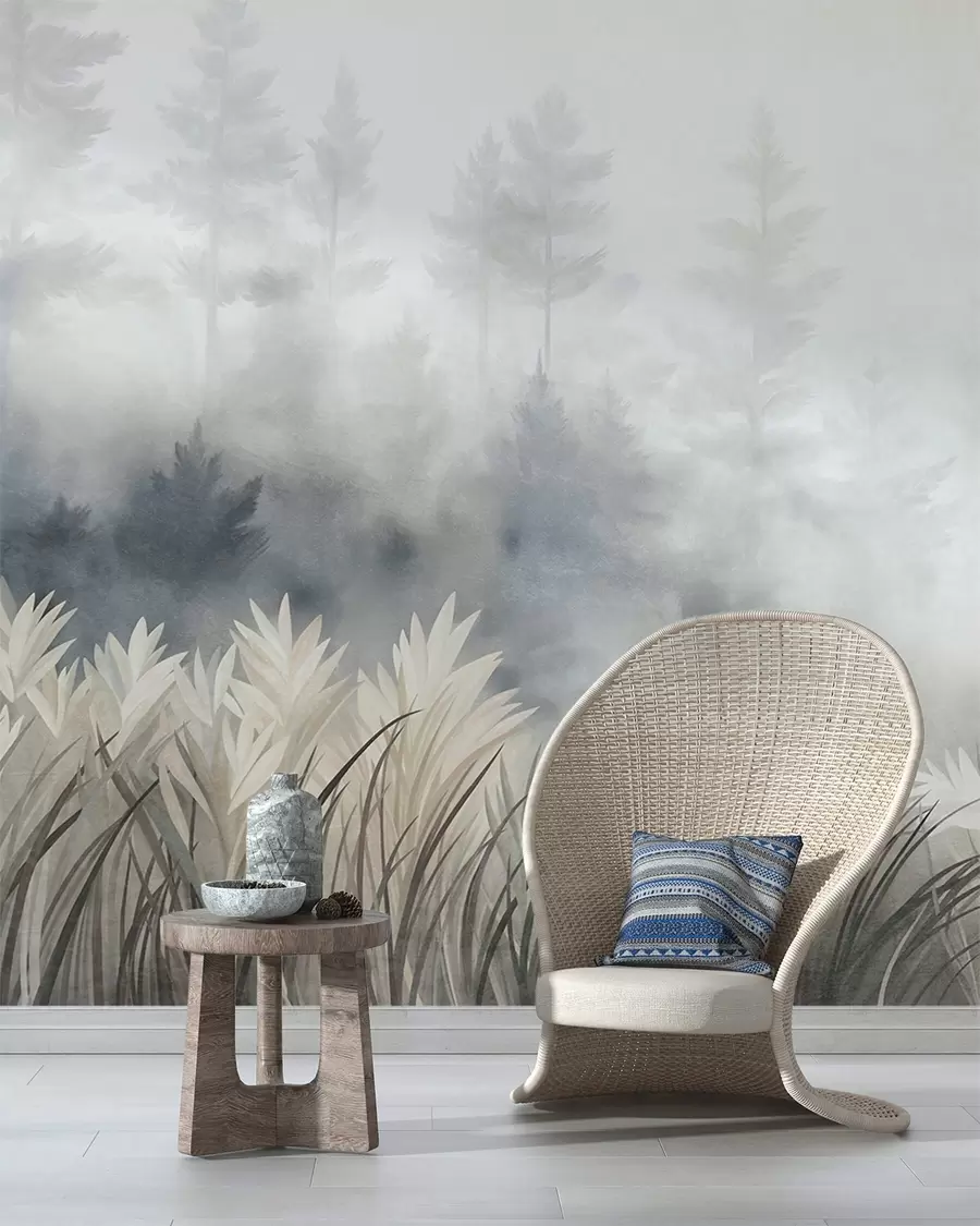 murais de parede Paisagem com erva alta selvagem e um bosque de pinheiros, num estilo minimalista e texturado w10082