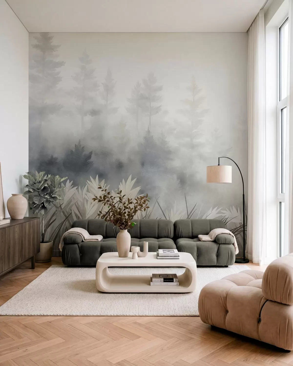 murais de parede Paisagem com erva alta selvagem e um bosque de pinheiros, num estilo minimalista e texturado w10082