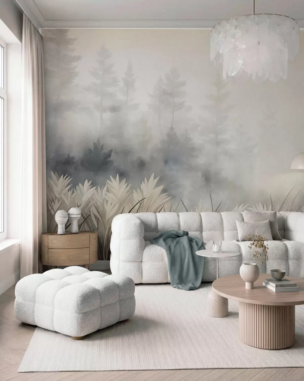 murais de parede Paisagem com erva alta selvagem e um bosque de pinheiros, num estilo minimalista e texturado w10082