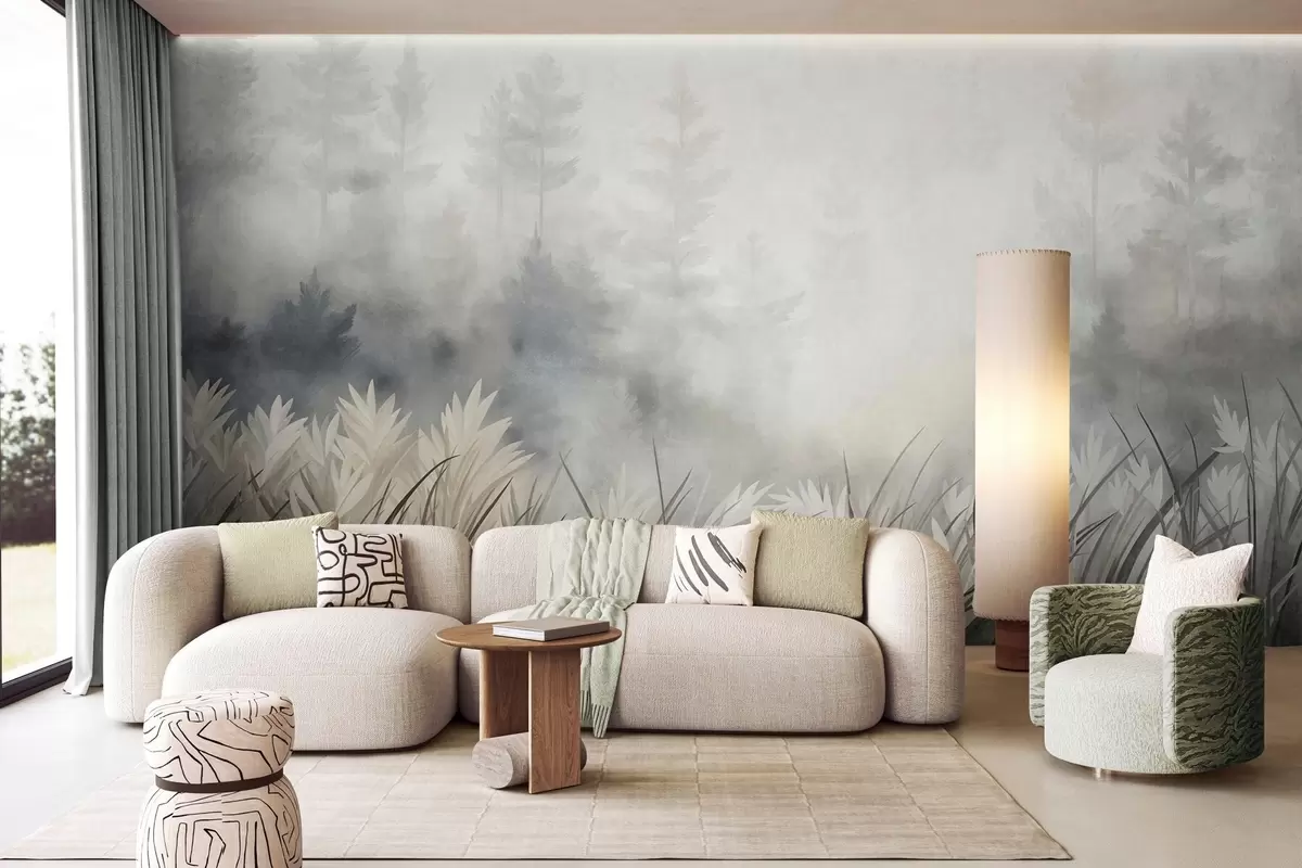 murais de parede Paisagem com erva alta selvagem e um bosque de pinheiros, num estilo minimalista e texturado w10082