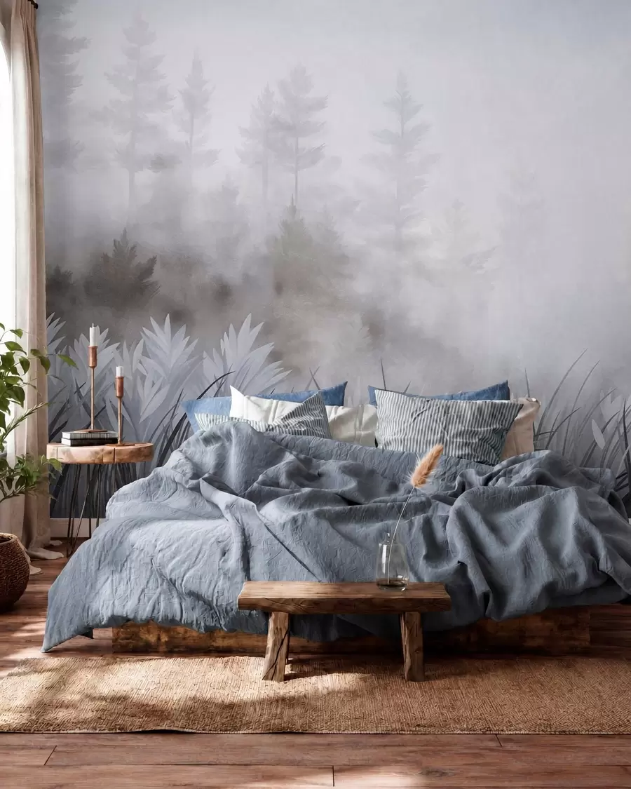 murais de parede Paisagem com erva alta selvagem e um bosque de pinheiros, num estilo minimalista com textura w10082v1