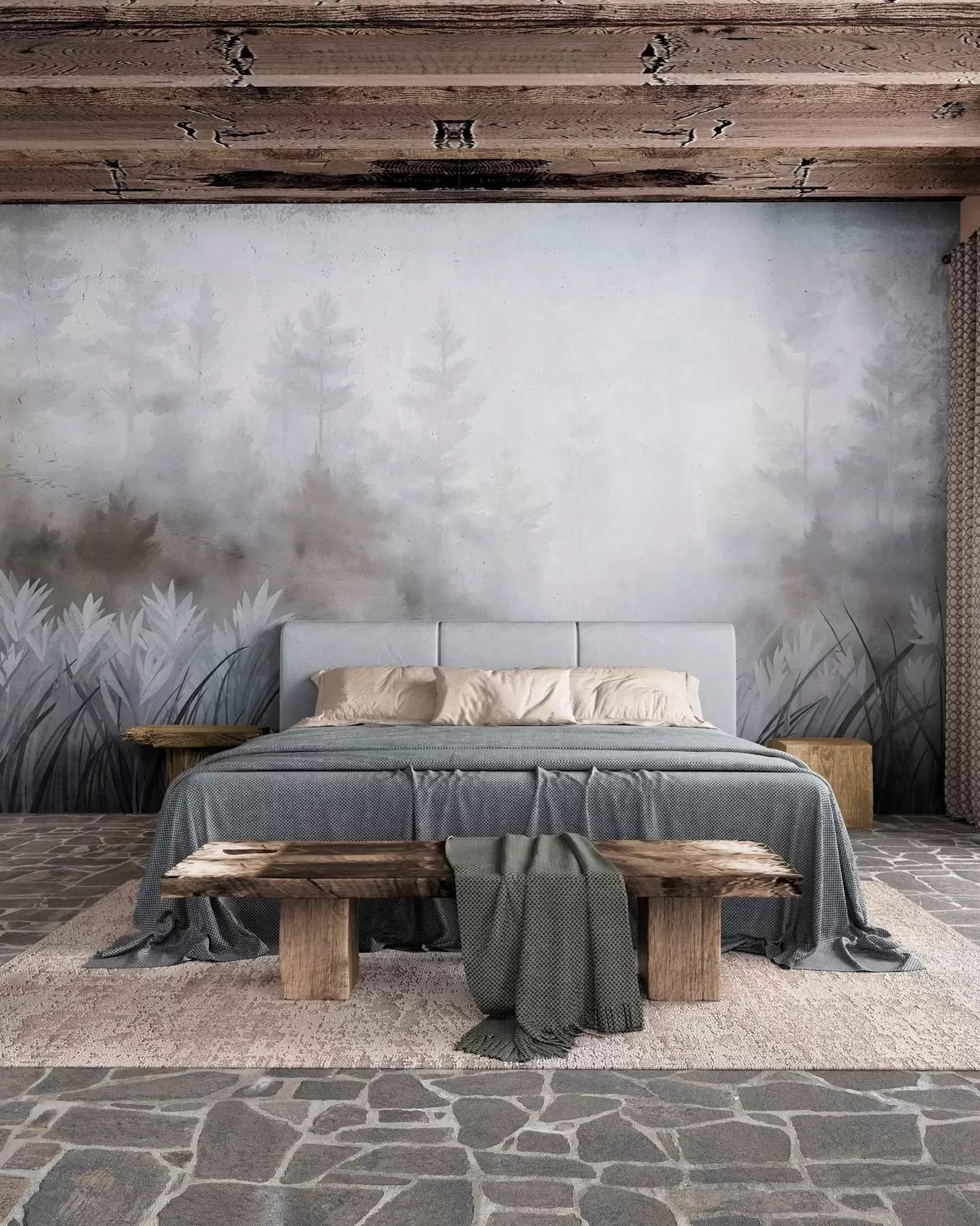 murais de parede Paisagem com erva alta selvagem e um bosque de pinheiros, num estilo minimalista com textura w10082v1