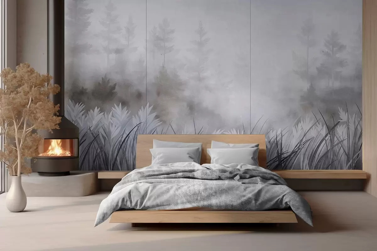 murais de parede Paisagem com erva alta selvagem e um bosque de pinheiros, num estilo minimalista com textura w10082v1