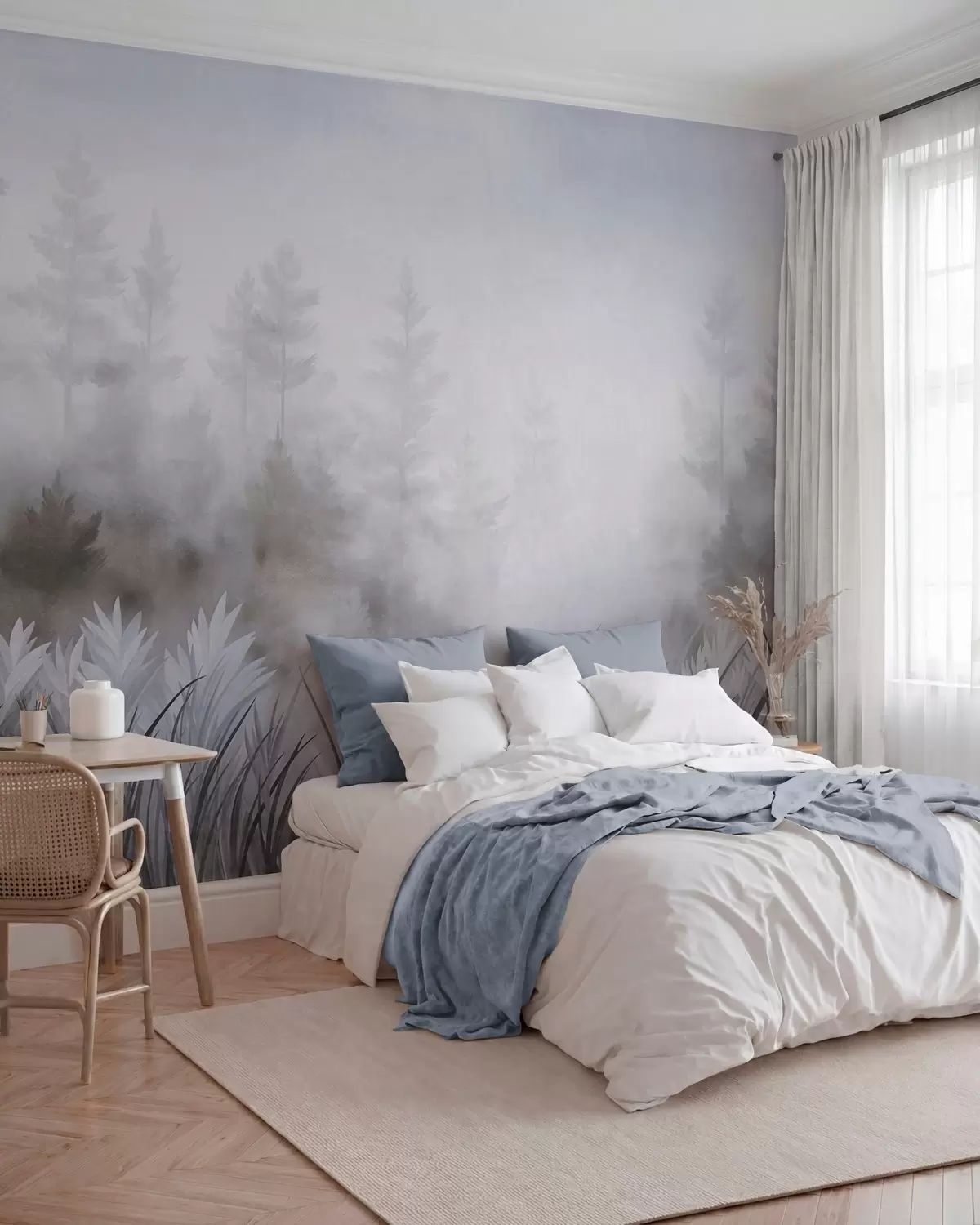 murais de parede Paisagem com erva alta selvagem e um bosque de pinheiros, num estilo minimalista com textura w10082v1