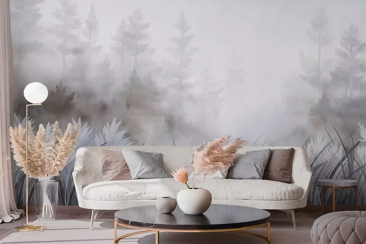 murais de parede Paisagem com erva alta selvagem e um bosque de pinheiros, num estilo minimalista com textura w10082v1