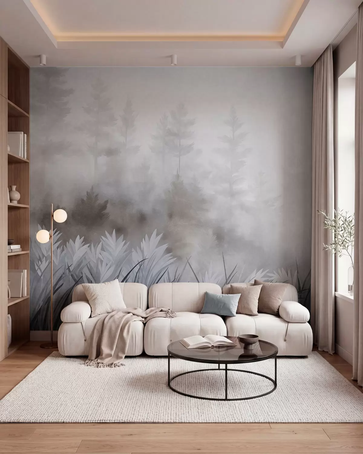 murais de parede Paisagem com erva alta selvagem e um bosque de pinheiros, num estilo minimalista com textura w10082v1
