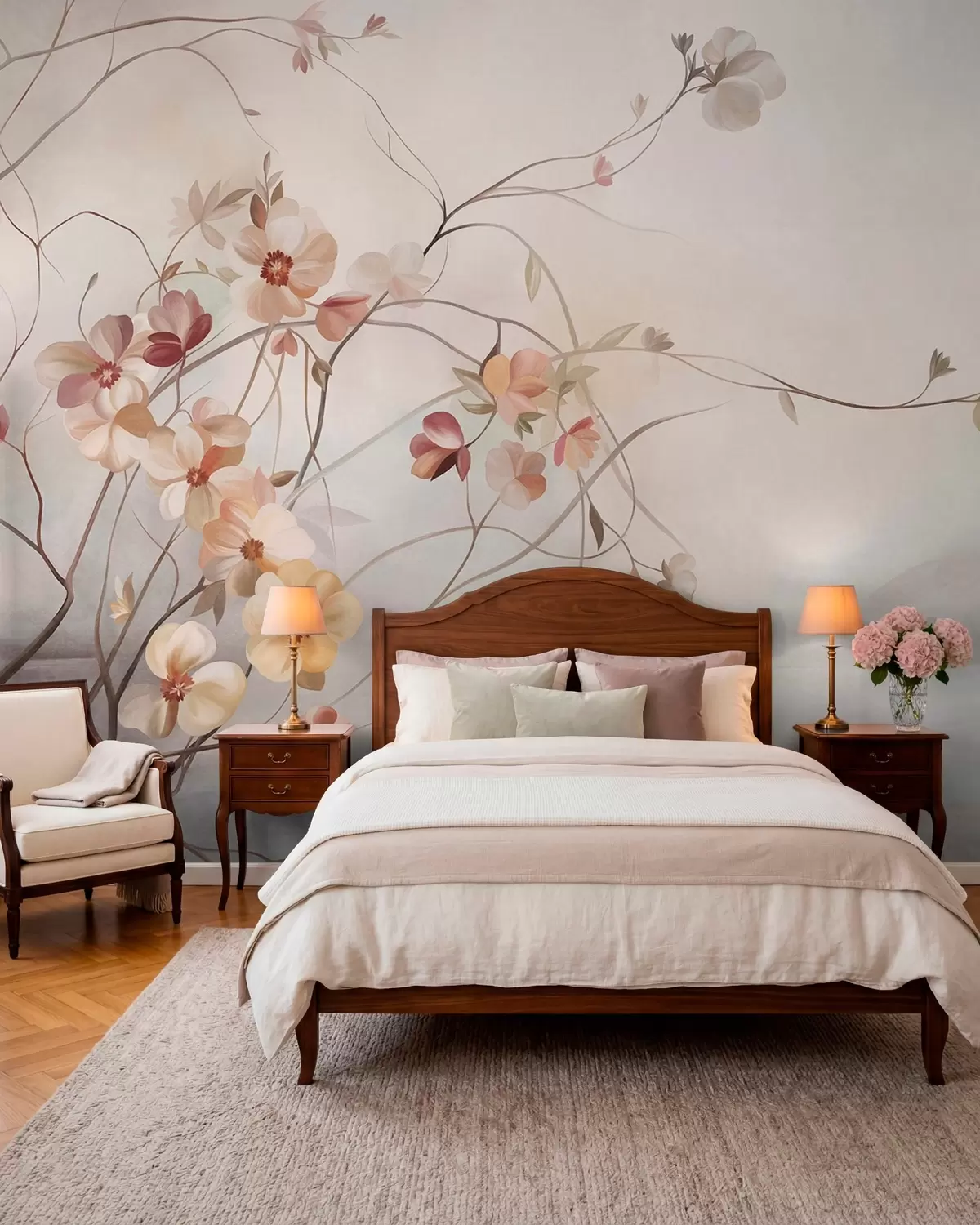 murais de parede Videiras sinuosas com delicadas flores de cor pêssego e creme w10083