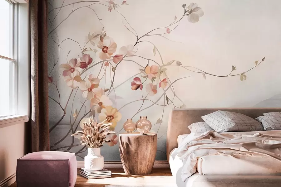 murais de parede Videiras sinuosas com delicadas flores de cor pêssego e creme w10083