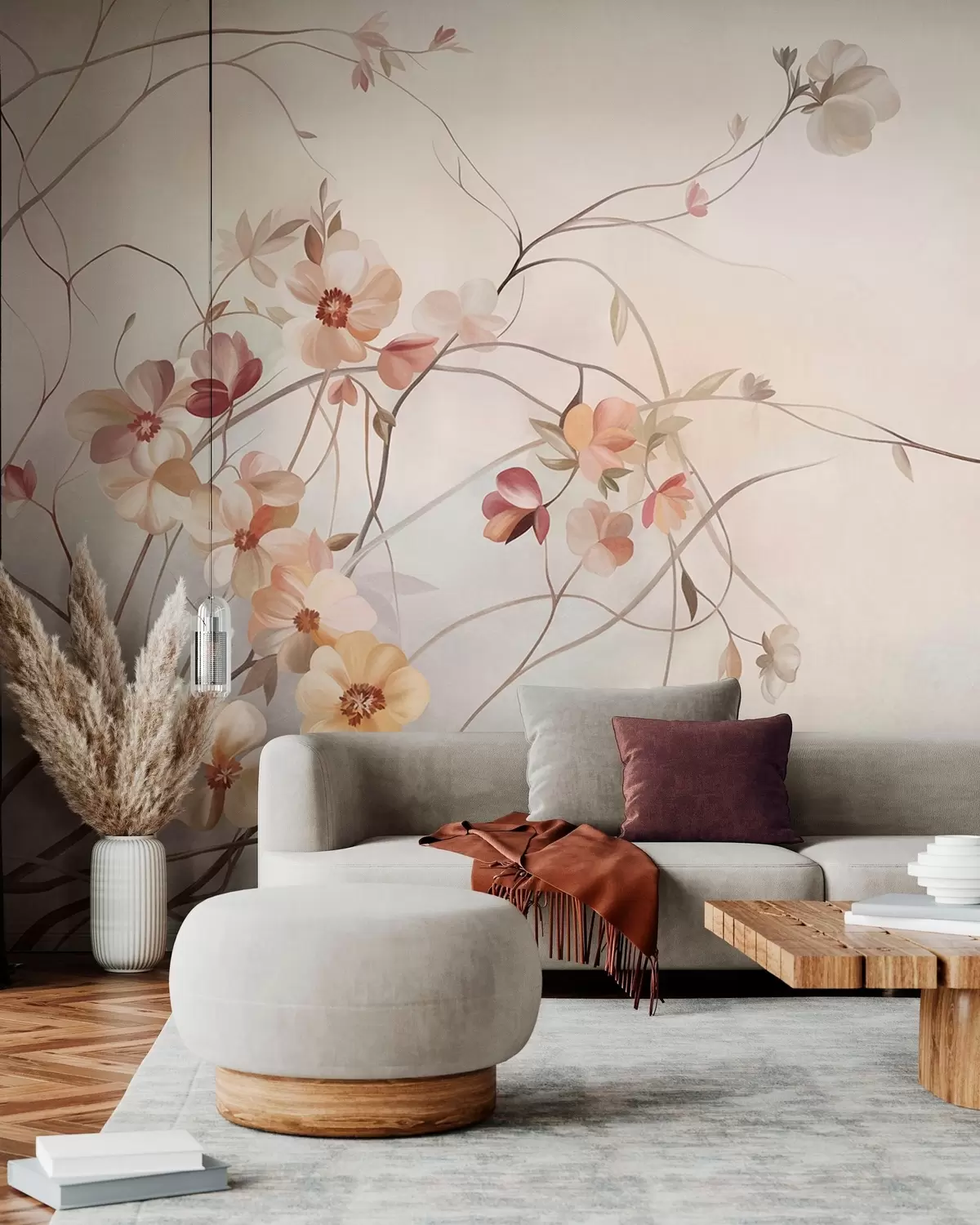 murais de parede Videiras sinuosas com delicadas flores de cor pêssego e creme w10083