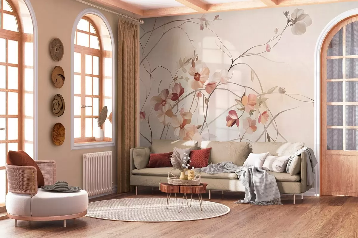 murais de parede Videiras sinuosas com delicadas flores de cor pêssego e creme w10083