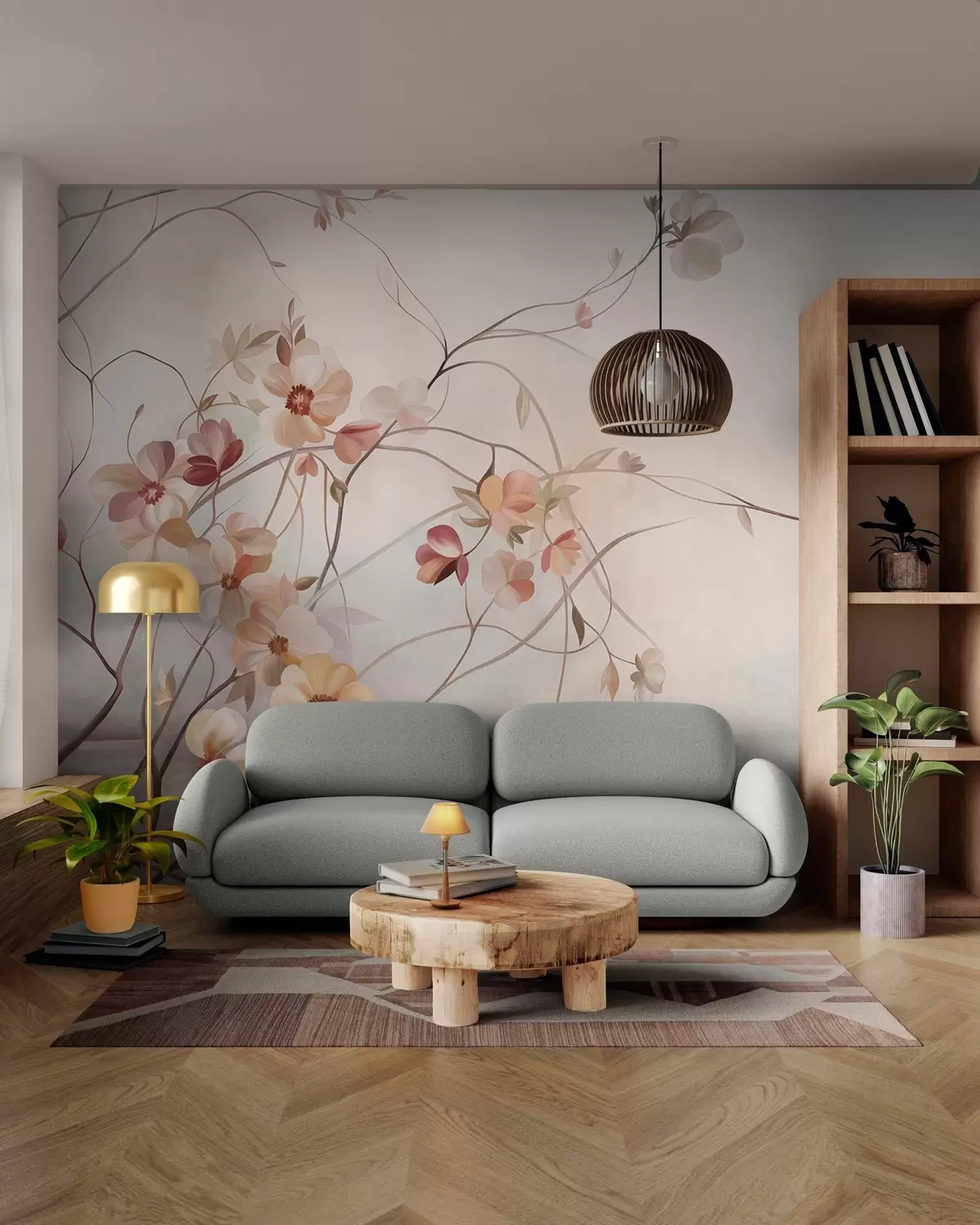 murais de parede Videiras sinuosas com delicadas flores de cor pêssego e creme w10083