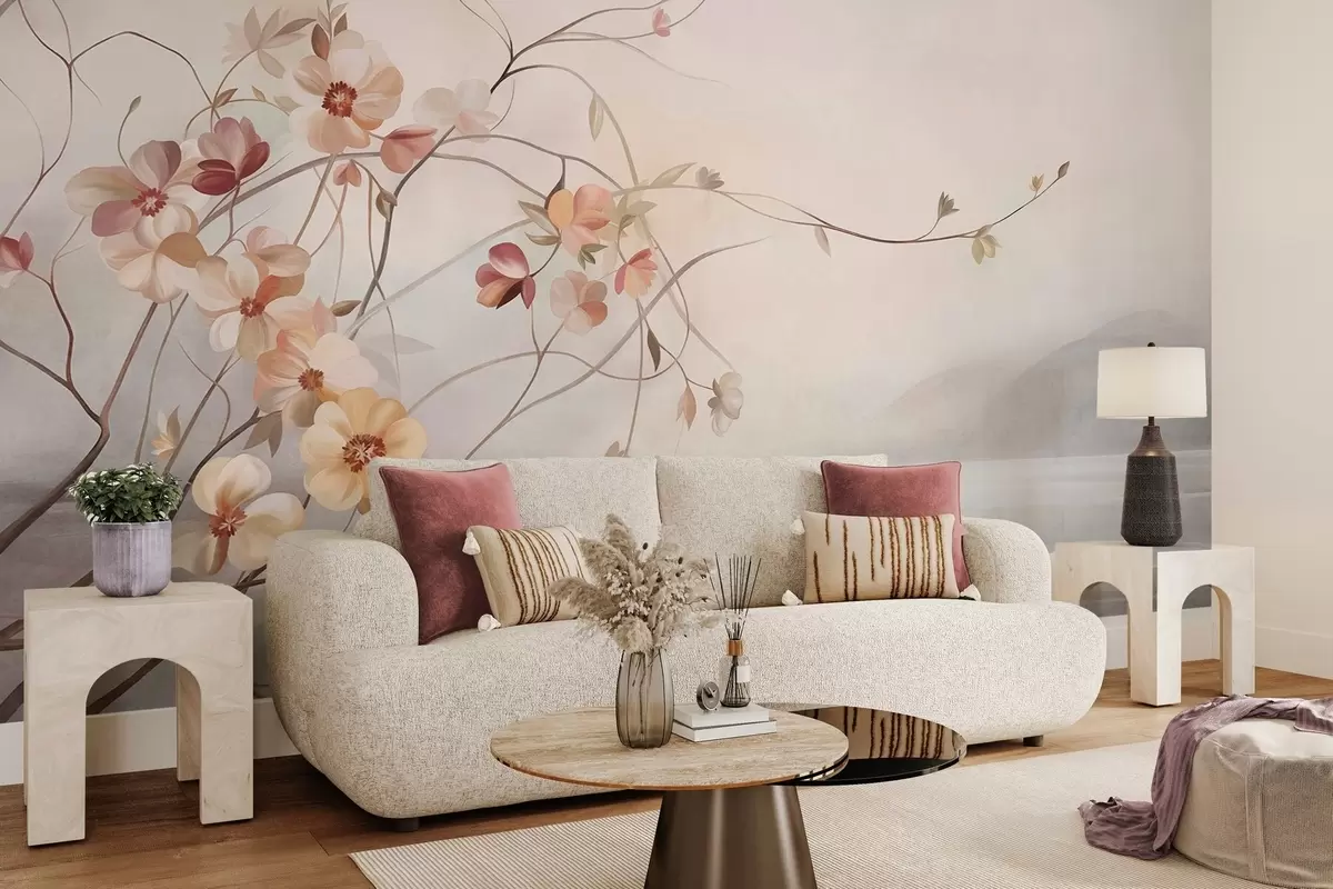murais de parede Videiras sinuosas com delicadas flores de cor pêssego e creme w10083