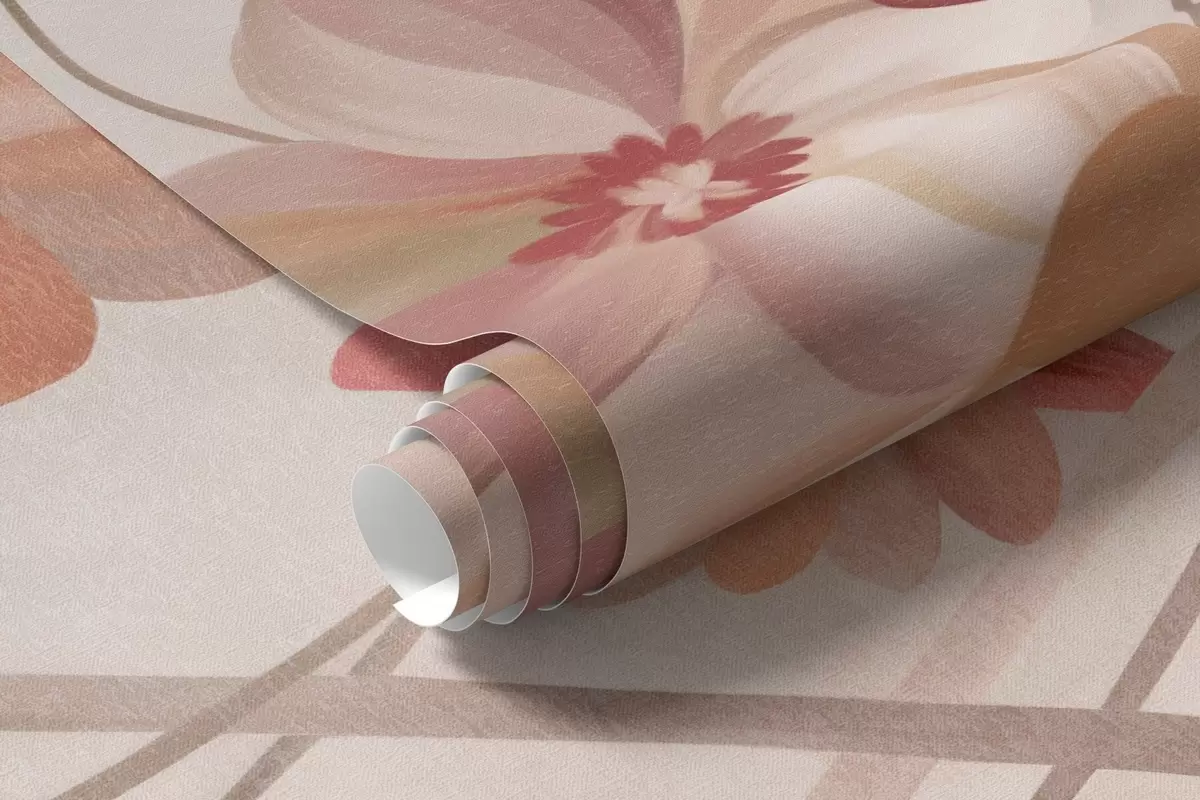 murais de parede Videiras sinuosas com delicadas flores de cor pêssego e creme w10083