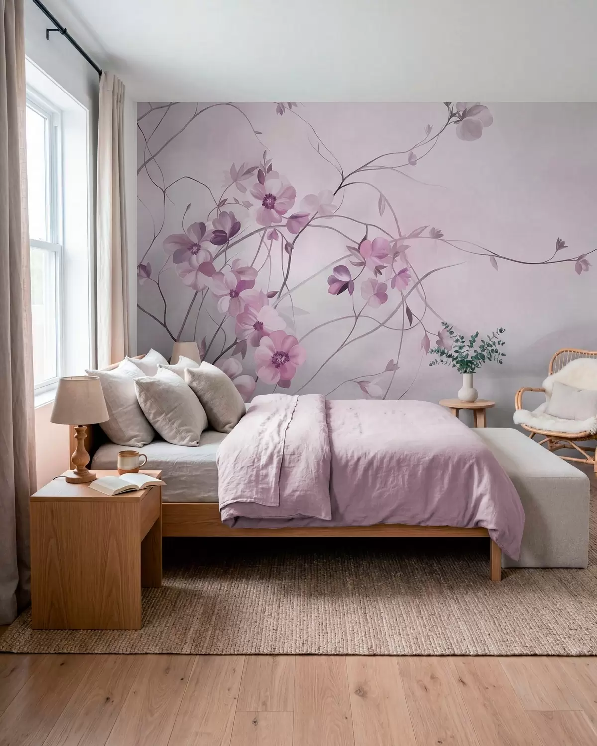 murais de parede Trepadeiras sinuosas com delicadas flores em tons suaves de rosa w10083v1