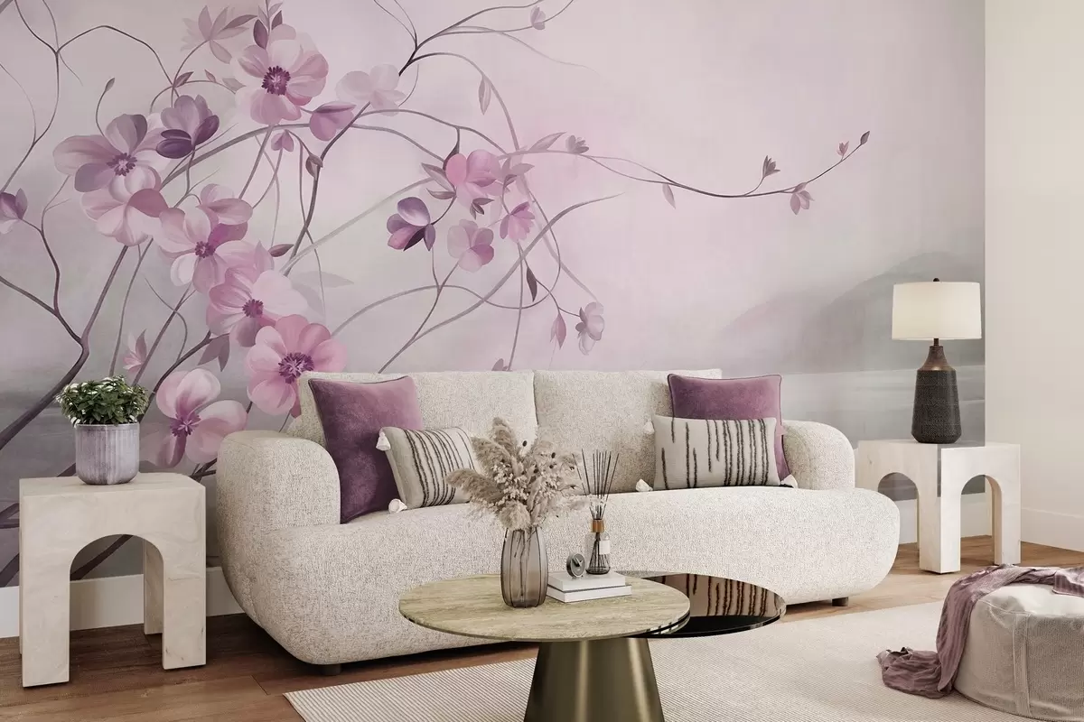 murais de parede Trepadeiras sinuosas com delicadas flores em tons suaves de rosa w10083v1