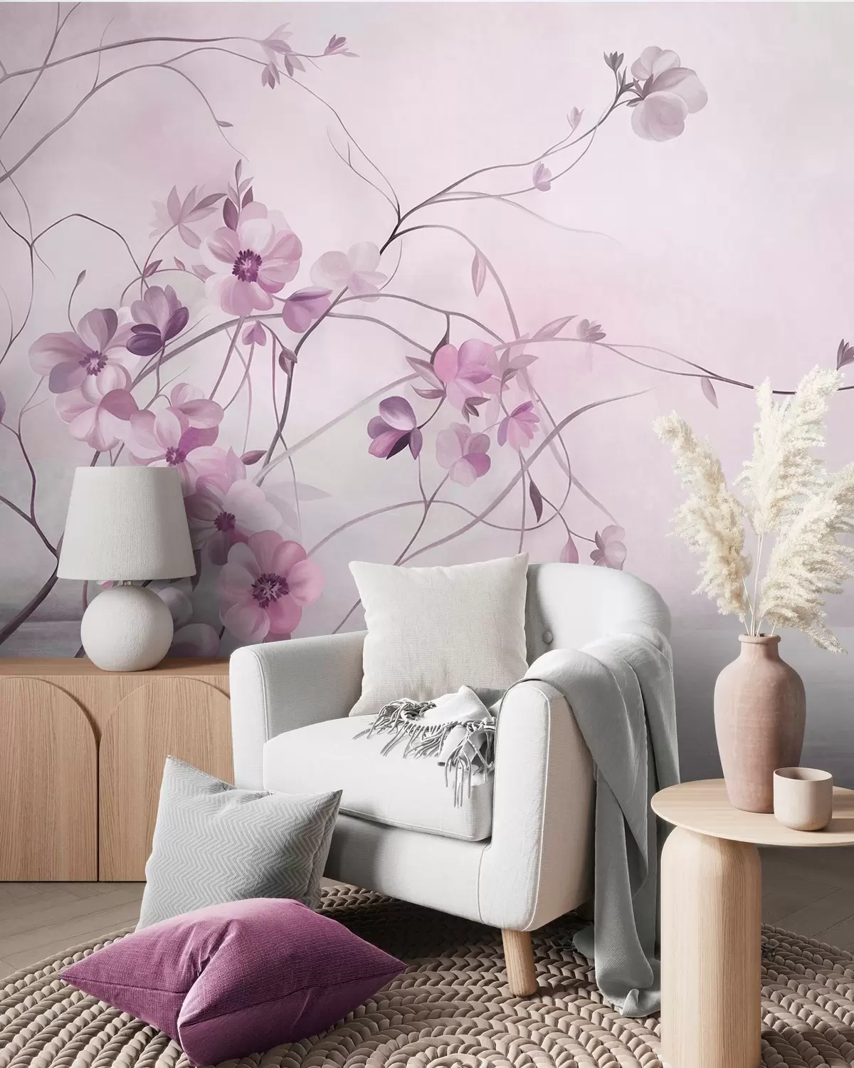 murais de parede Trepadeiras sinuosas com delicadas flores em tons suaves de rosa w10083v1