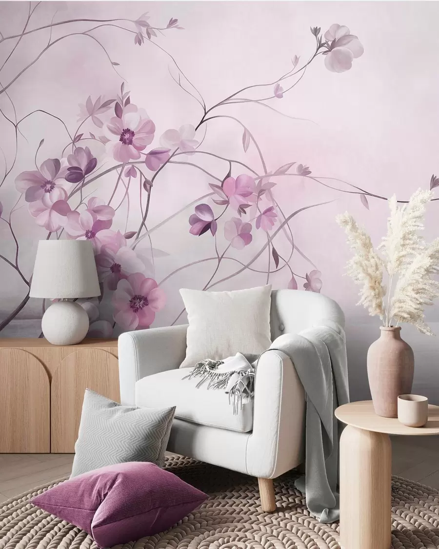 murais de parede Trepadeiras sinuosas com delicadas flores em tons suaves de rosa w10083v1