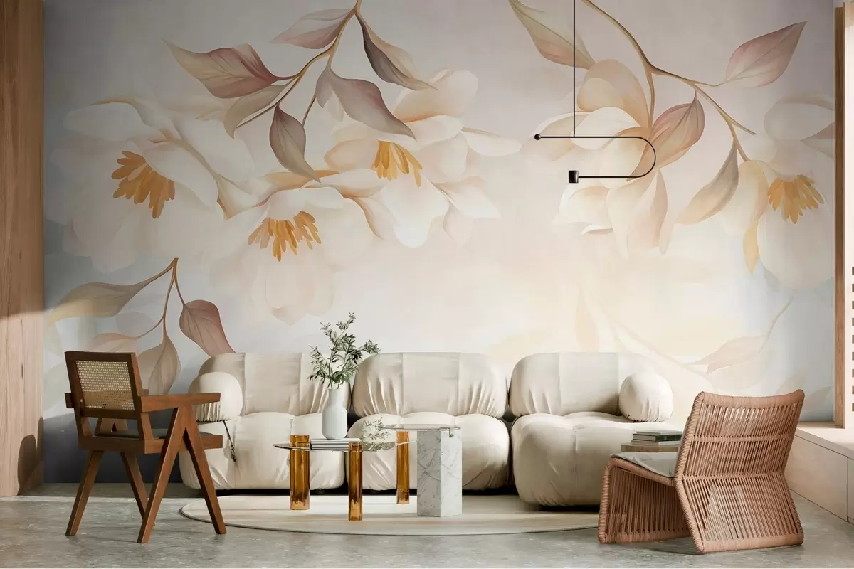 murais de parede Flores de magnólia com delicadas folhas castanhas penduradas nos ramos w10086