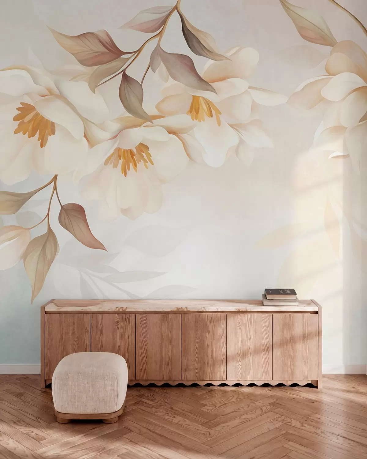murais de parede Flores de magnólia com delicadas folhas castanhas penduradas nos ramos w10086