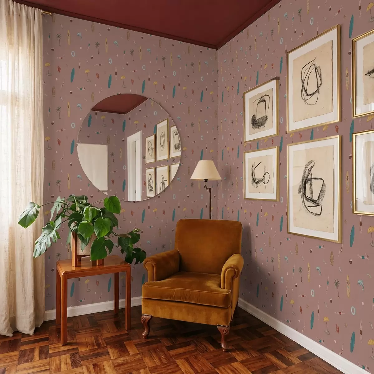 Papel de parede Motivos de nadadores, golfinhos e motivos tropicais sobre um fundo cor-de-rosa a01275v1