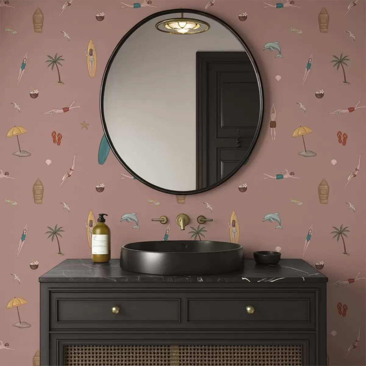 Papel de parede Motivos de nadadores, golfinhos e motivos tropicais sobre um fundo cor-de-rosa a01275v1