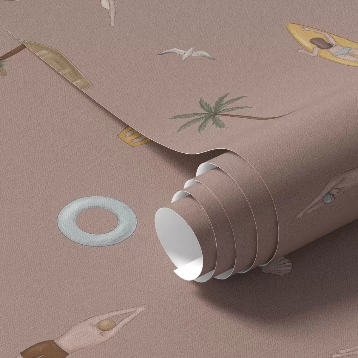 Papel de parede Motivos de nadadores, golfinhos e motivos tropicais sobre um fundo cor-de-rosa a01275v1