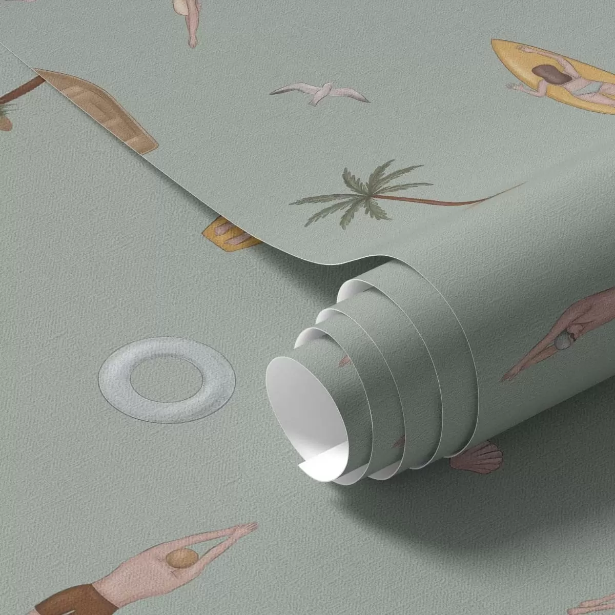 Papel de parede Nadar, golfinhos e acessórios de praia num fundo verde a01275v2