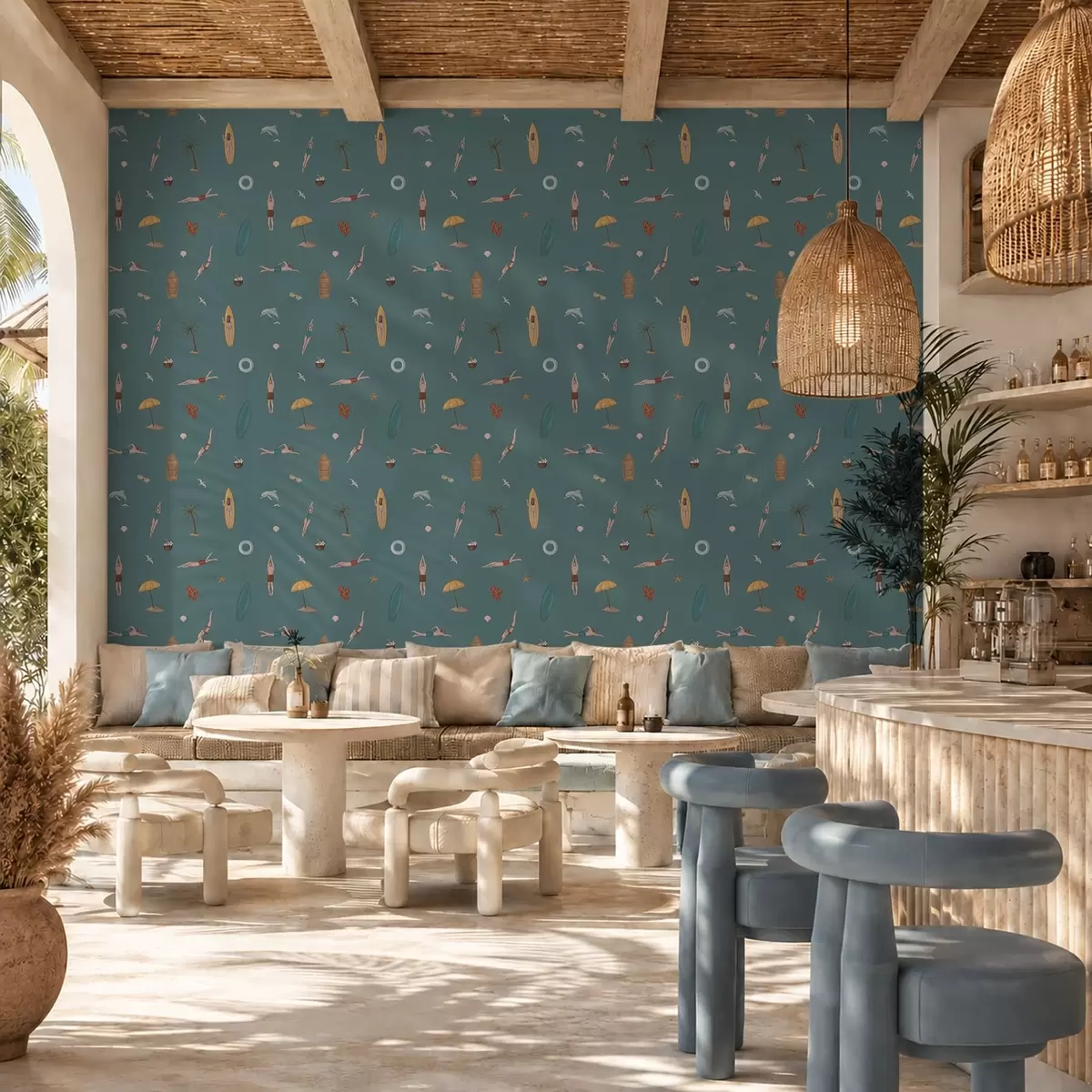 Papel de parede Motivos de nadadores, golfinhos e motivos tropicais sobre um fundo azul-petróleo escuro a01275v3