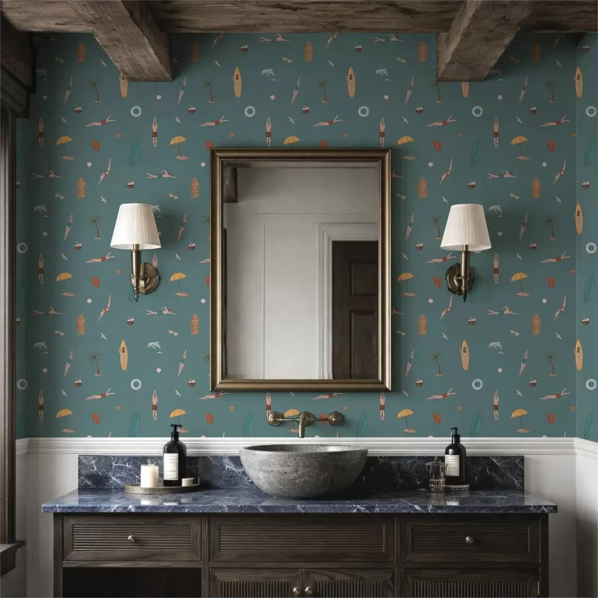 Papel de parede Motivos de nadadores, golfinhos e motivos tropicais sobre um fundo azul-petróleo escuro a01275v3