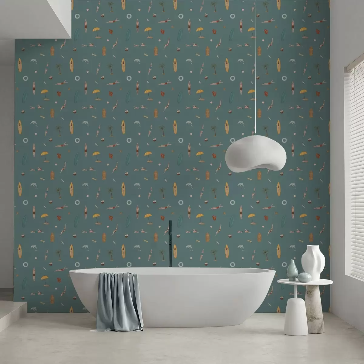 Papel de parede Motivos de nadadores, golfinhos e motivos tropicais sobre um fundo azul-petróleo escuro a01275v3