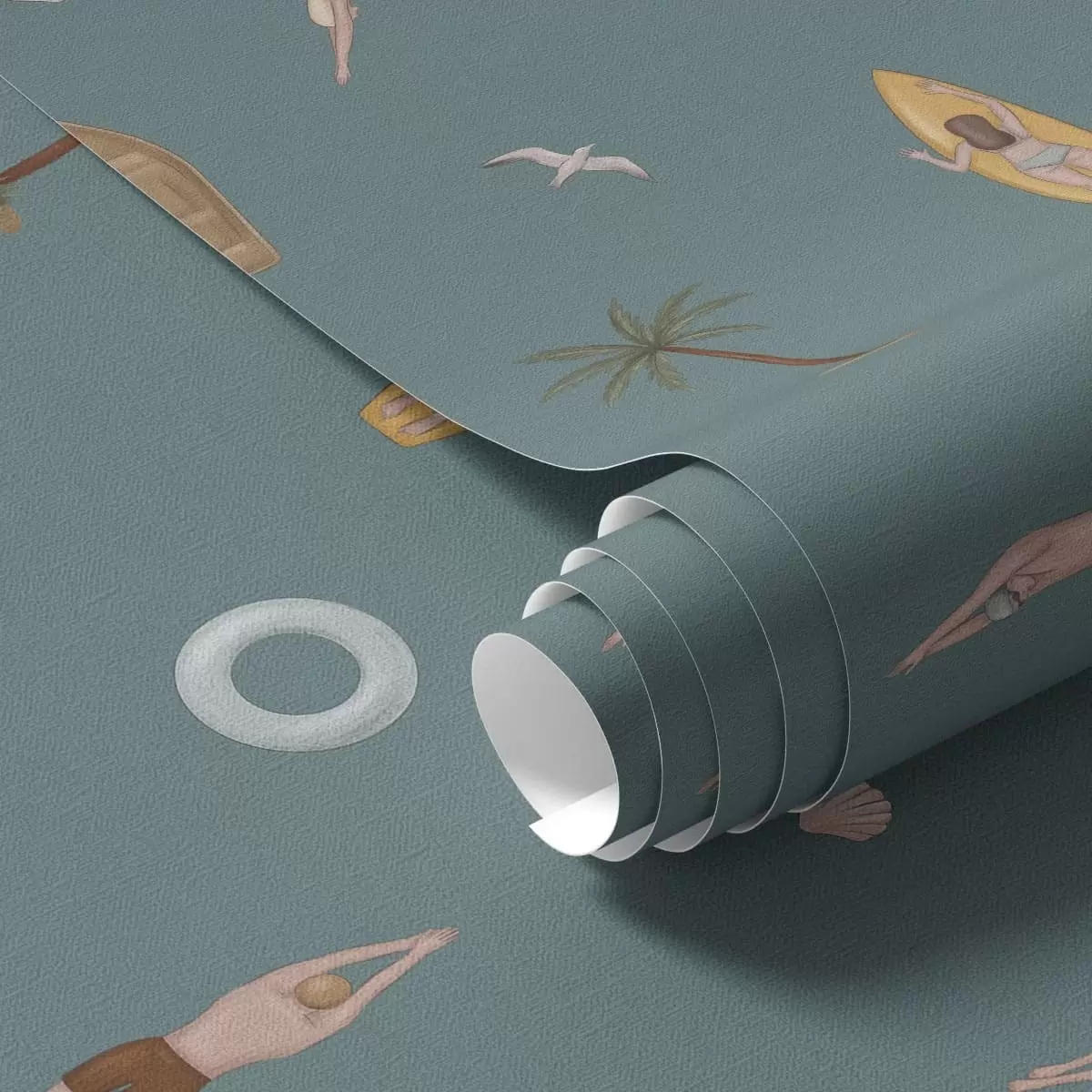 Papel de parede Motivos de nadadores, golfinhos e motivos tropicais sobre um fundo azul-petróleo escuro a01275v3