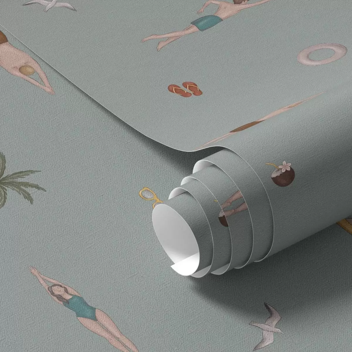 Papel de parede Nadadores, palmeiras e acessórios de praia num fundo verde-salva a01276v1