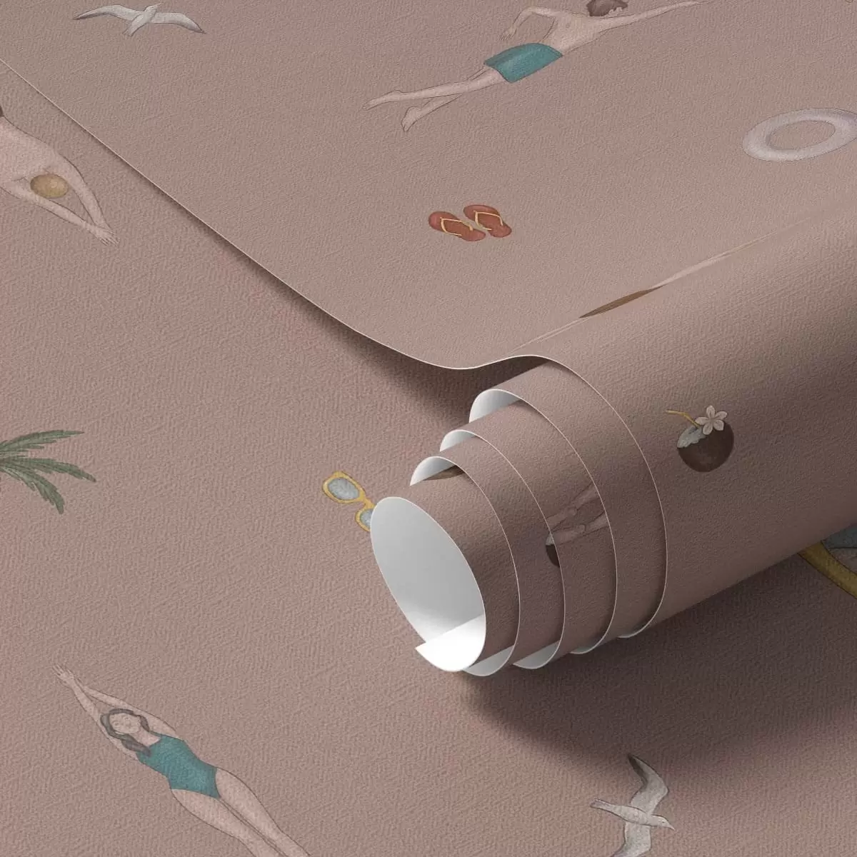 Papel de parede Nadadores, palmeiras e acessórios de praia num fundo cor-de-rosa a01276v2