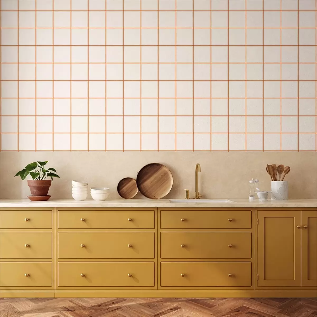 Papel de parede Grelha de nove quadrados bege com bordas em terracota a01277