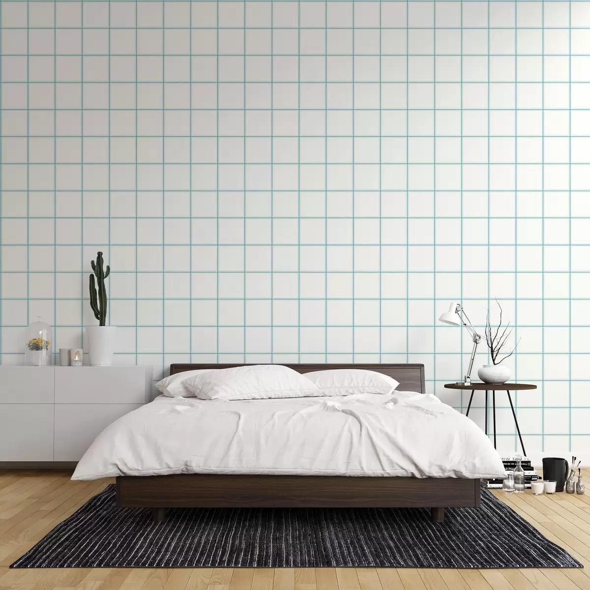 Papel de parede Grelha de nove quadrados brancos com bordas azul-claras a01277v1