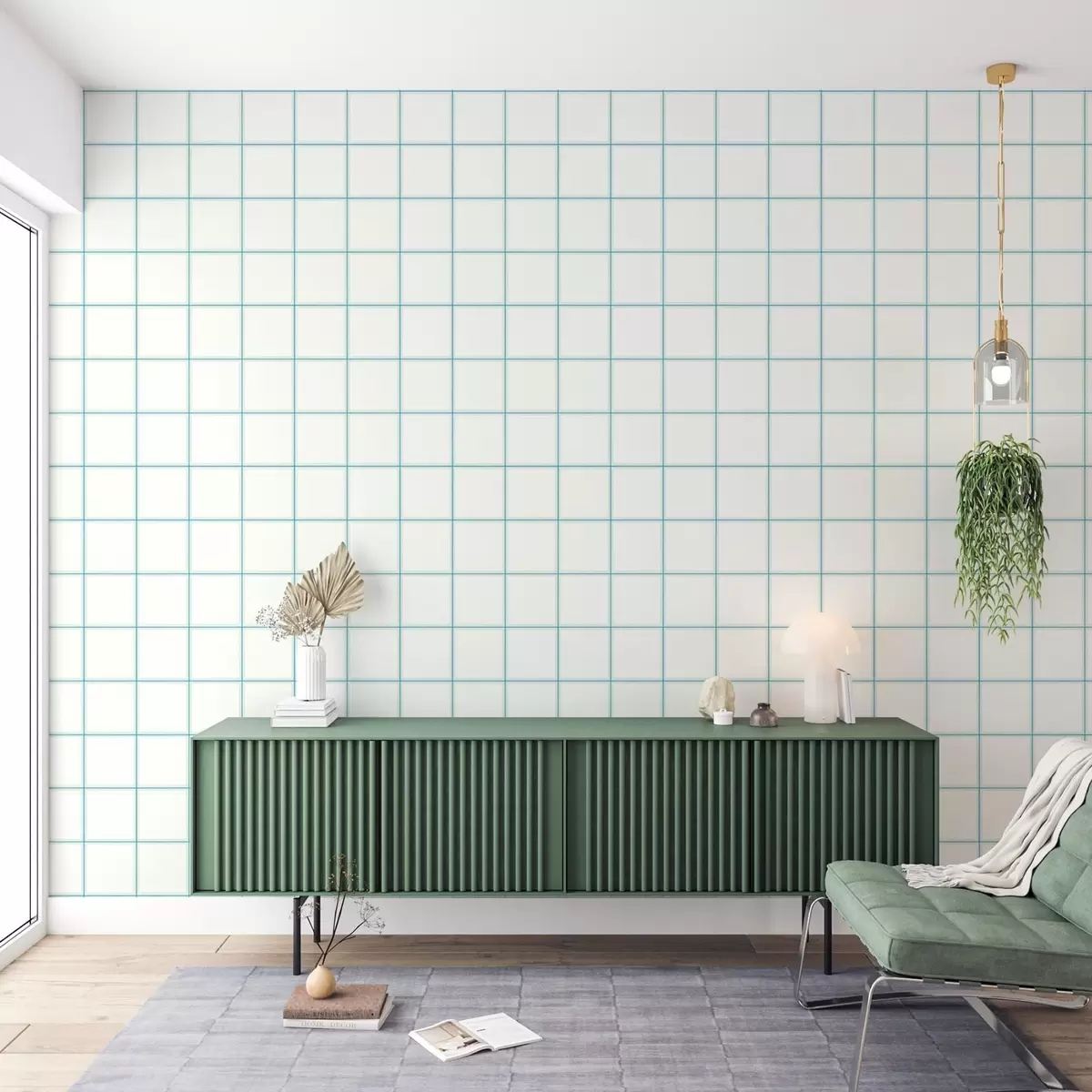 Papel de parede Grelha de nove quadrados brancos com bordas azul-claras a01277v1