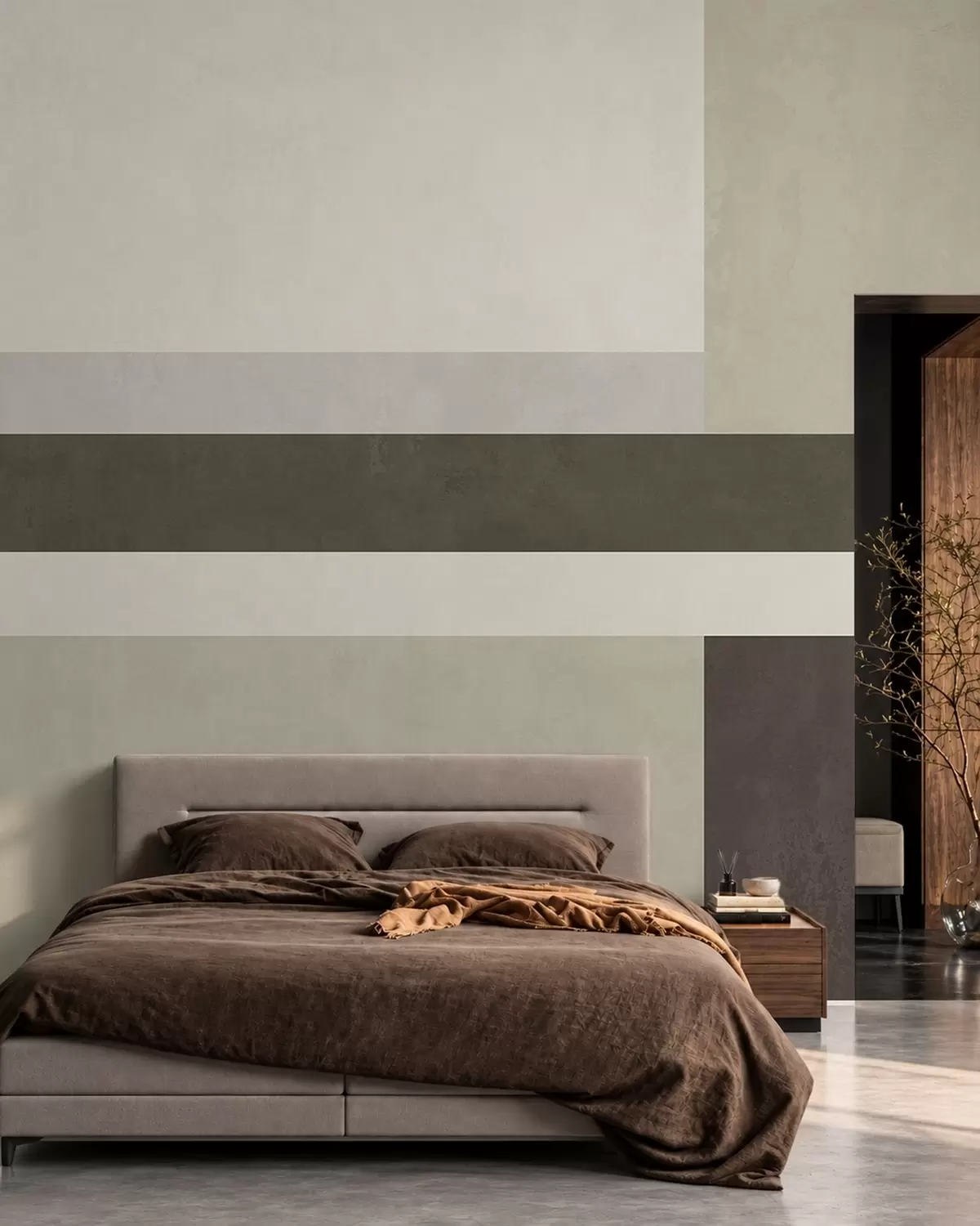 murais de parede Composição geométrica com blocos em tons de verde-oliva, cinzento e bege w05890v3