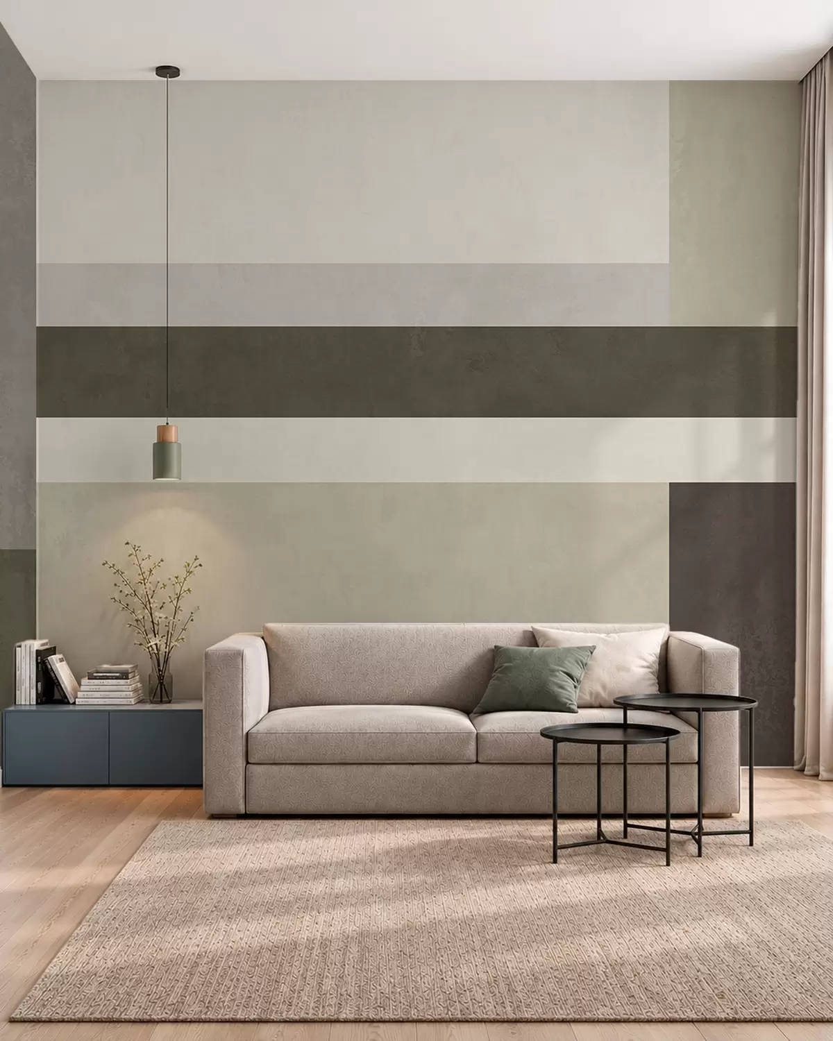 murais de parede Composição geométrica com blocos em tons de verde-oliva, cinzento e bege w05890v3