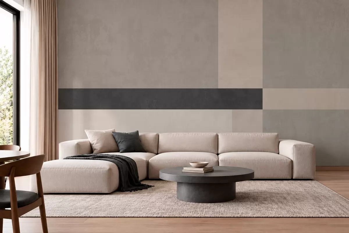 murais de parede Geometria abstrata com blocos em bege e cinzento e uma risca escura w05891