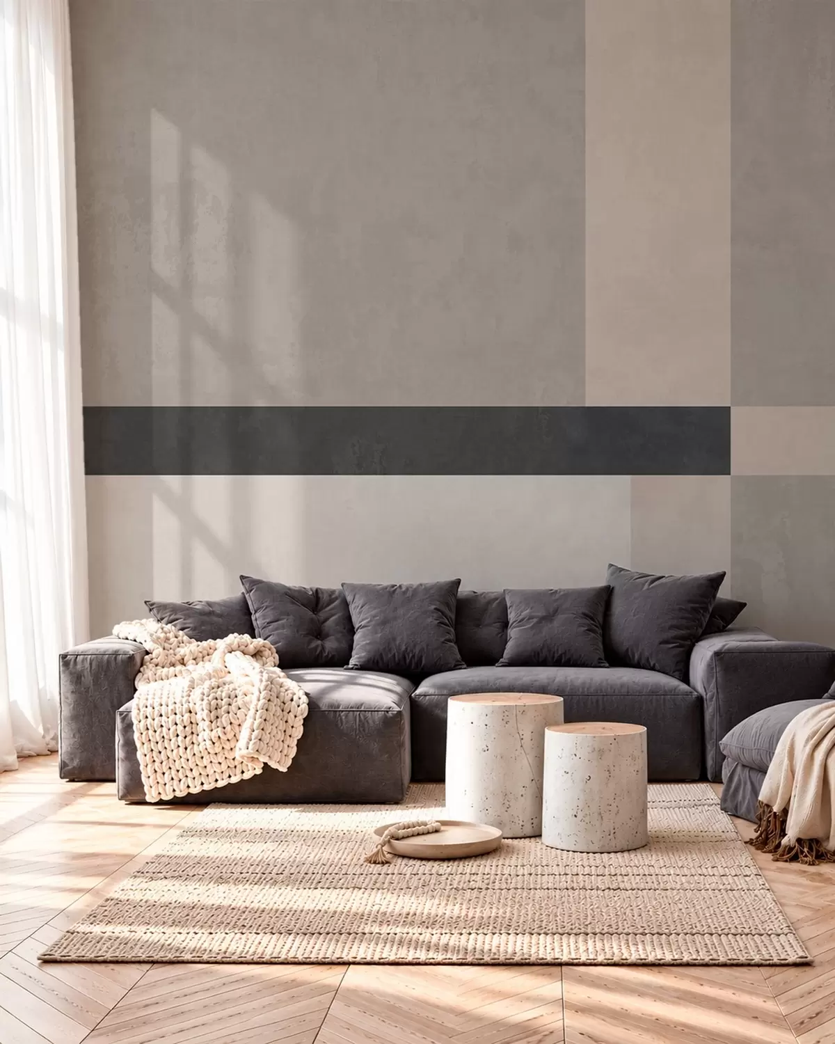 murais de parede Geometria abstrata com blocos em bege e cinzento e uma risca escura w05891