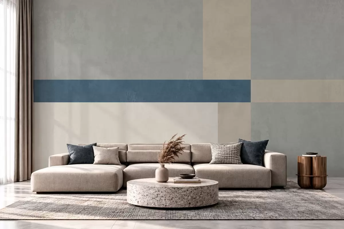 murais de parede Blocos geométricos em tons de cinzento e bege com uma risca azul w05891v1