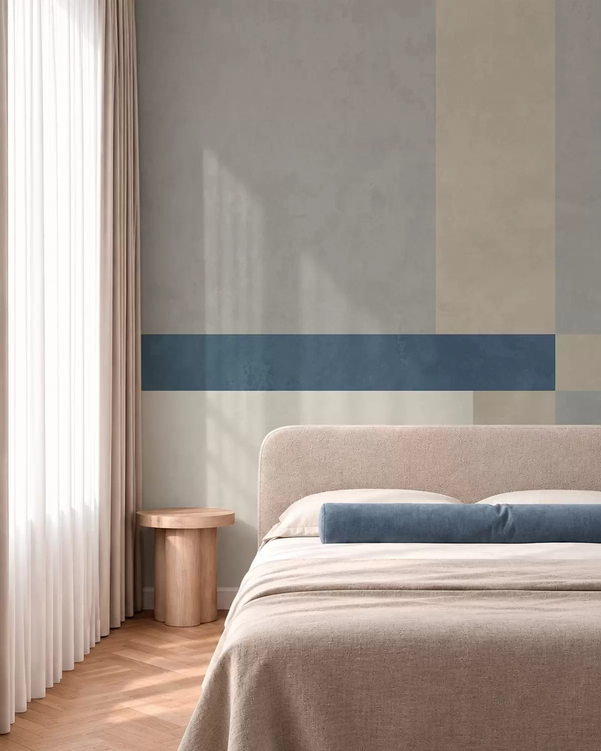 murais de parede Blocos geométricos em tons de cinzento e bege com uma risca azul w05891v1