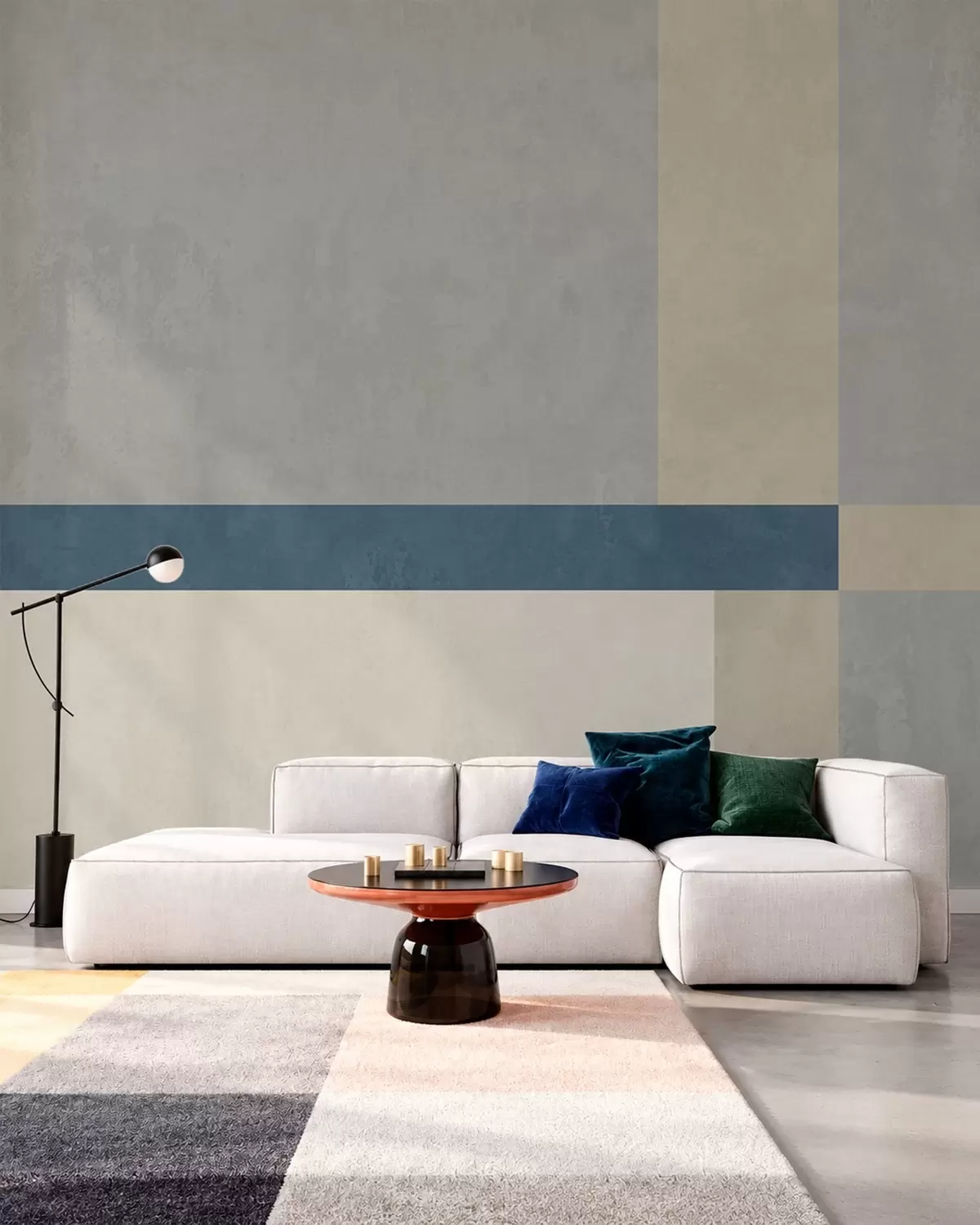 murais de parede Blocos geométricos em tons de cinzento e bege com uma risca azul w05891v1