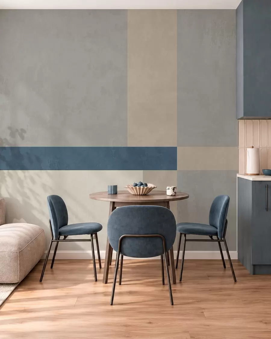 murais de parede Blocos geométricos em tons de cinzento e bege com uma risca azul w05891v1